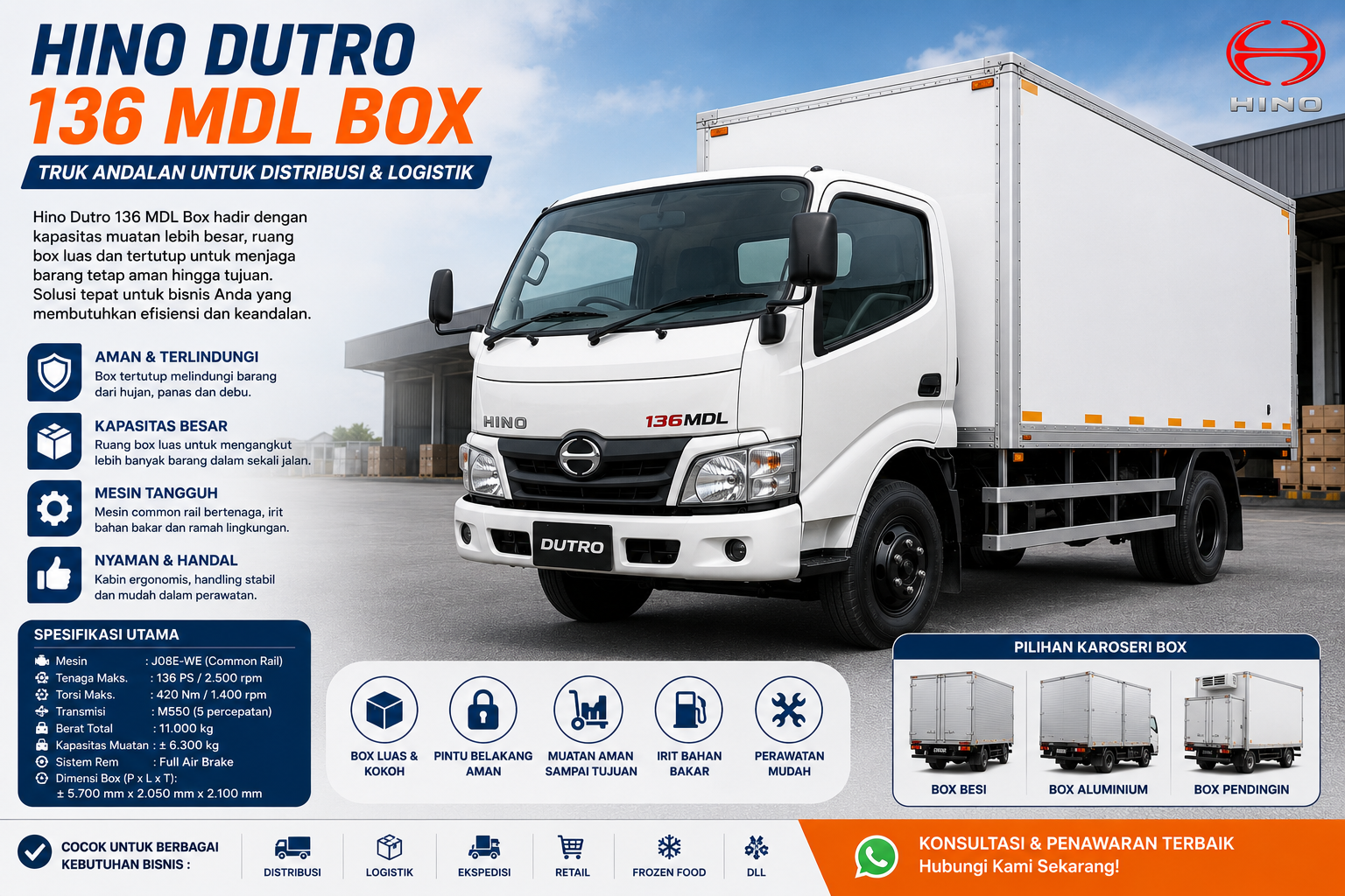 Hino Dutro 136 MDL Box: Harga, Spesifikasi & Ukuran 2026
