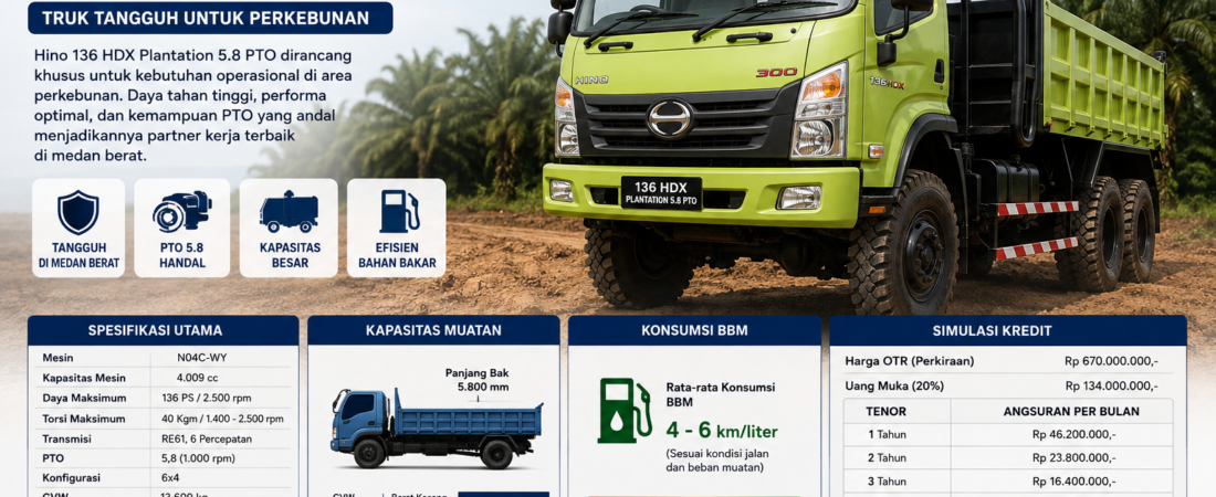 Hino 136 HDX Plantation 5.8 PTO: Harga, Spesifikasi & Simulasi Kredit